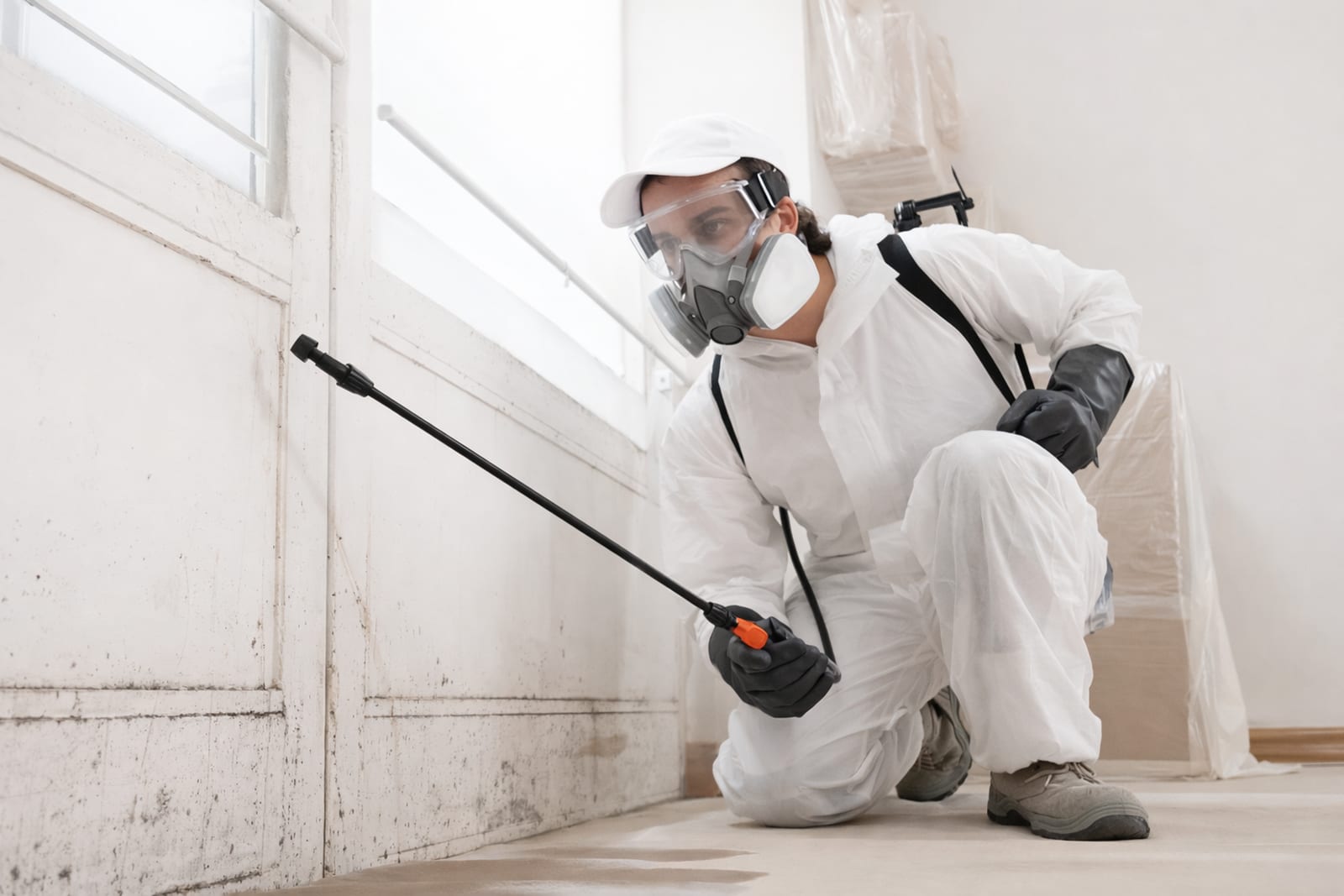 Mold remediation specialists setting up containment barriers in Minneapolis property